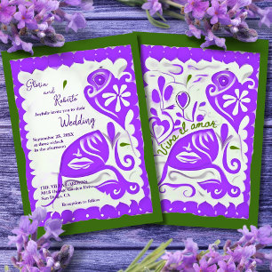 Purple Floral Heart Papel Picado Mexican Wedding Invitation