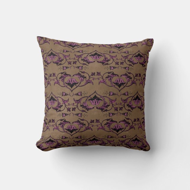 Purple Floral Hearts on Light Brown Cushion (Front)