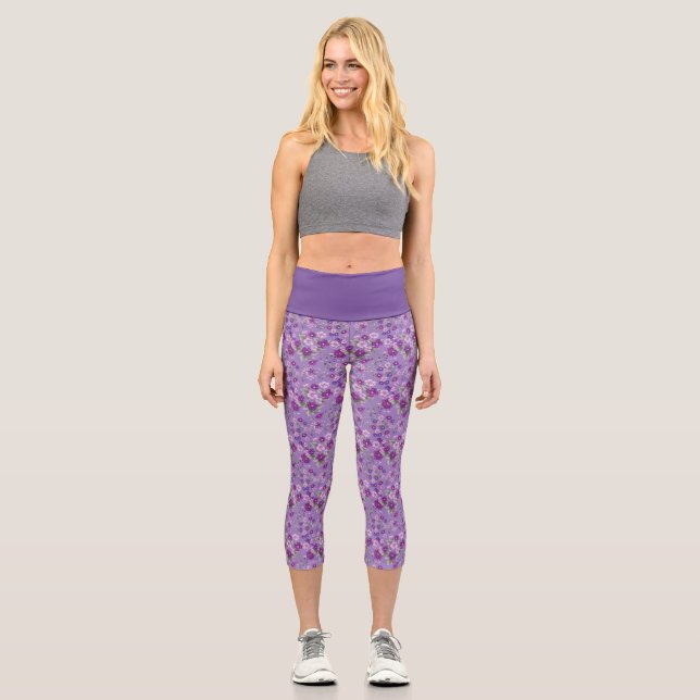 Purple Floral High Waisted Yoga Capris, XS (0-2) Capri Leggings (Front)