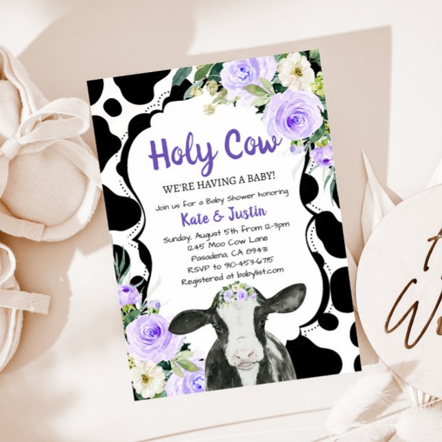 Purple Floral Holy Cow Baby Shower Invitation (Creator Uploaded)