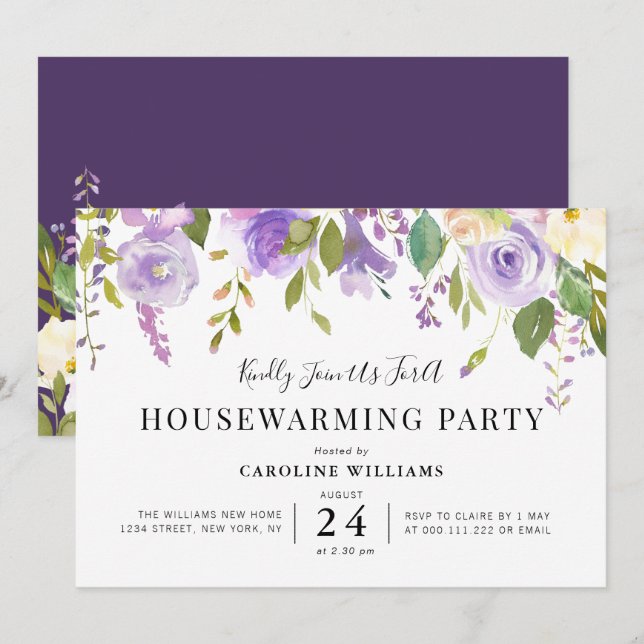 purple floral housewarming party invitation (Front/Back)