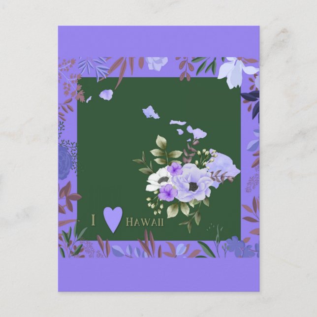 Purple Floral I Love Hawaii State Map Postcard (Front)