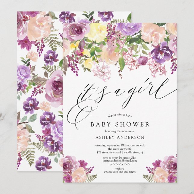 Purple Floral It's a Girl Baby Shower Invitation (Front/Back)