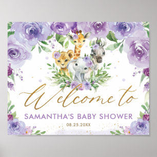 Purple Floral Jungle Animals Baby Shower Welcome  Poster