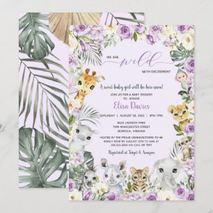 Purple Floral Jungle Safari Animals Baby Shower In Invitation