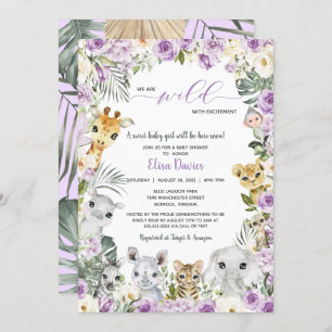 Purple Floral Jungle Safari Animals Baby Shower Invitation
