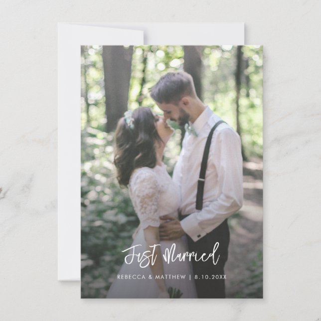 Purple Floral Just Married Wedding Couple Photo Announcement (Front)