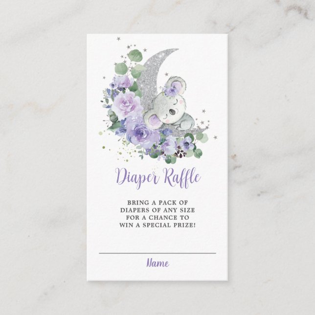 Purple Floral Koala Baby Shower Diaper Raffle Enclosure Card (Front)