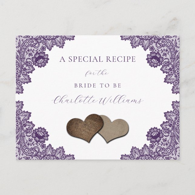 Purple Floral Lace Bridal Shower Recipe Card (Front)