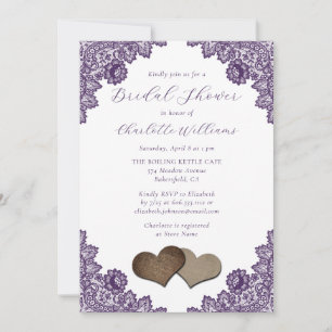 Purple Floral Lace Burlap Hearts Bridal Shower Invitation