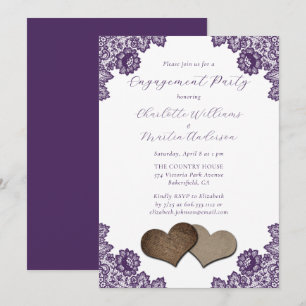Purple Floral Lace Burlap Hearts Engagement Party Invitation