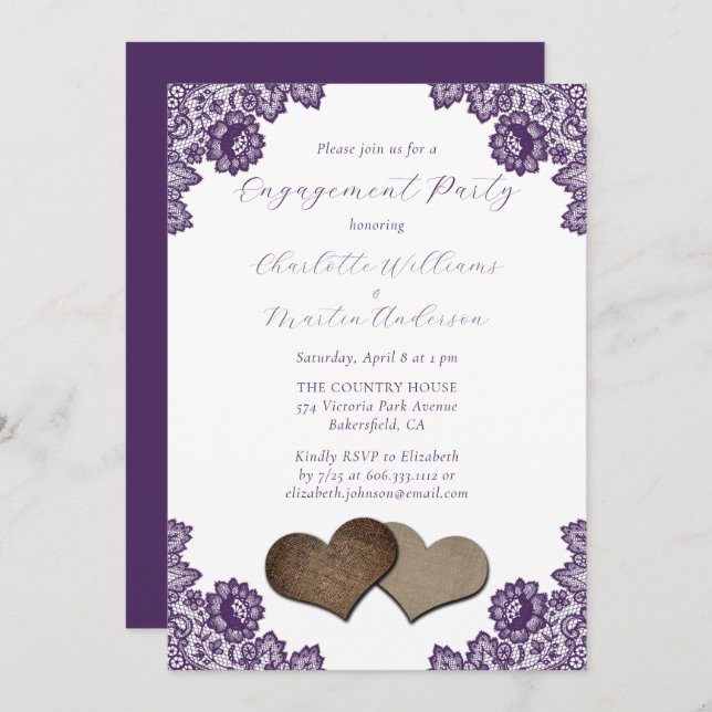 Purple Floral Lace Burlap Hearts Engagement Party Invitation (Front/Back)