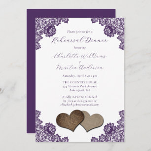 Purple Floral Lace Burlap Hearts Rehearsal Dinner Invitation