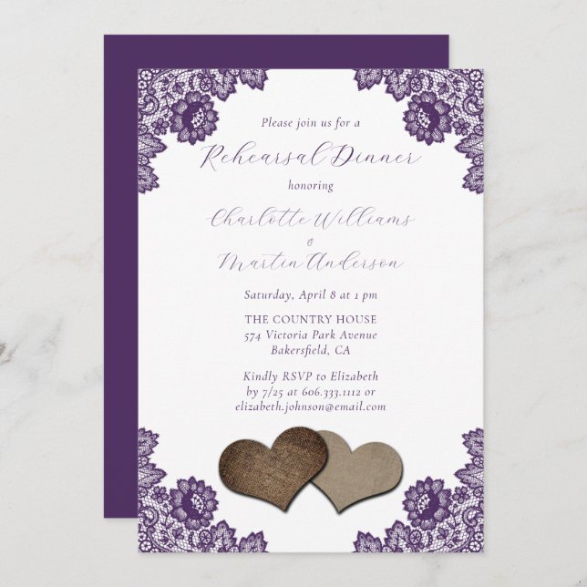 Purple Floral Lace Burlap Hearts Rehearsal Dinner Invitation (Front/Back)
