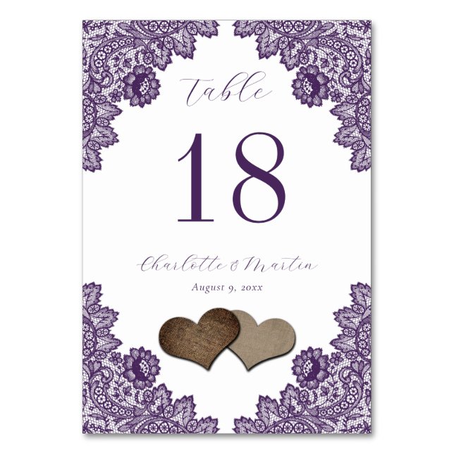 Purple Floral Lace Burlap Hearts Rustic Table Number (Front)