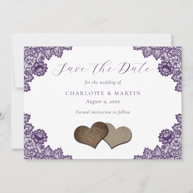 Purple Floral Lace Burlap Hearts Rustic Wedding Save The Date (Front)