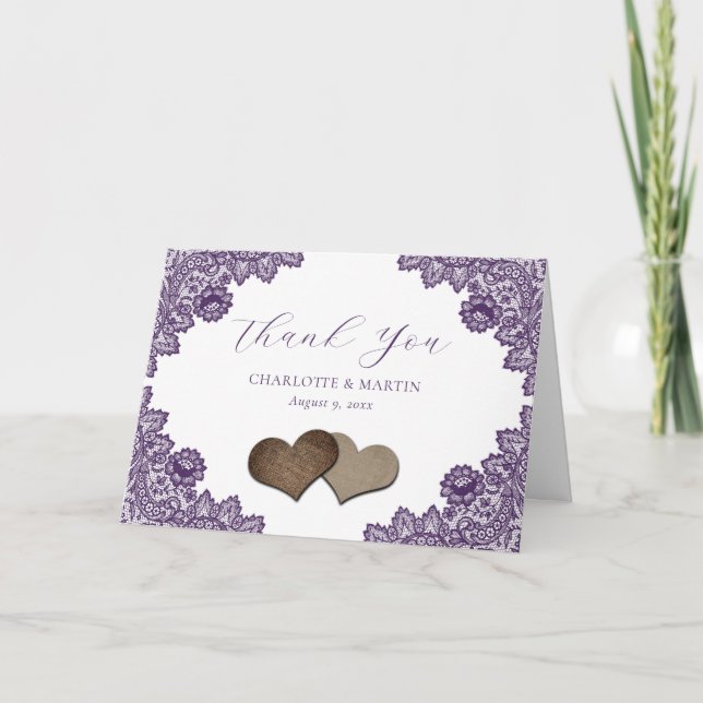 Purple Floral Lace Burlap Hearts Rustic Wedding Thank You Card (Front)