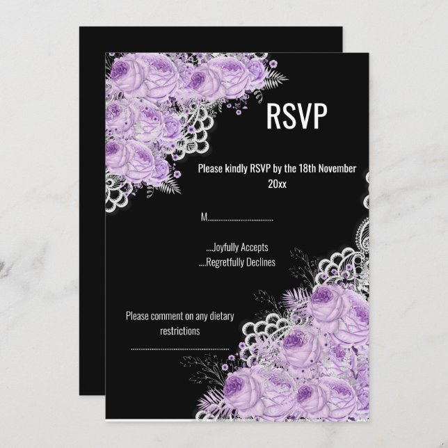 PURPLE Floral LACE ELEGANT MODERN RSVP Invitation (Front/Back)