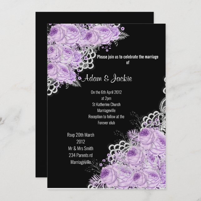 PURPLE Floral LACE ELEGANT MODERN WEDDING BLACK Invitation (Front/Back)
