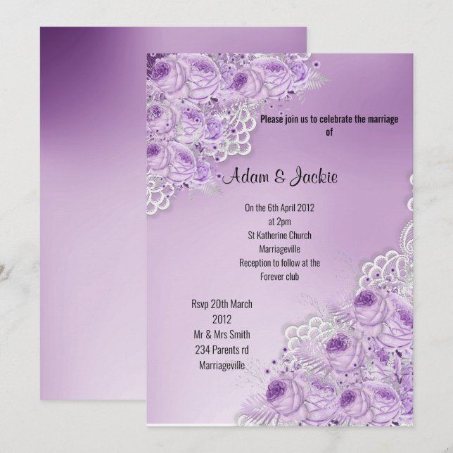 PURPLE Floral LACE ELEGANT MODERN WEDDING Invitation (Front/Back)