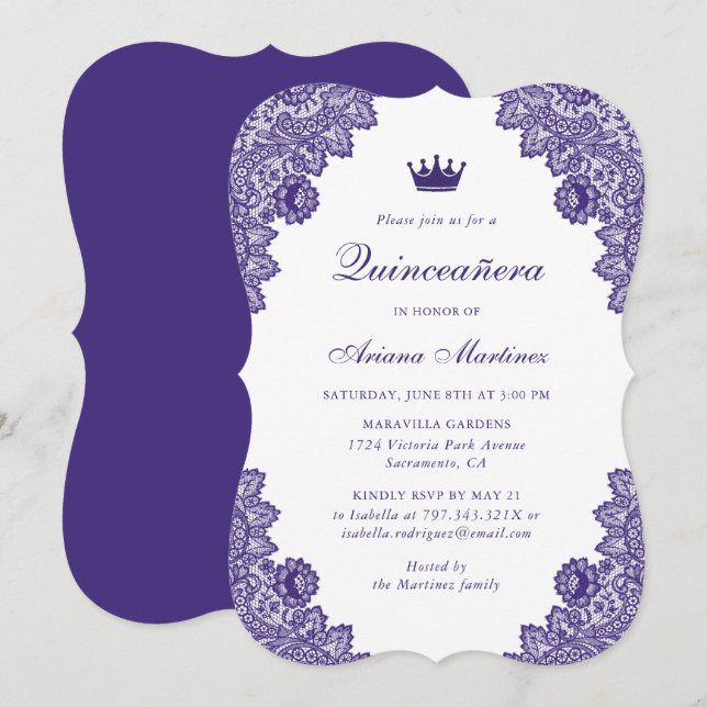 Purple Floral Lace Quinceañera 15th Birthday Invitation (Front/Back)