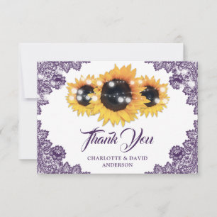 Purple Floral Lace String Lights Sunflower Wedding Thank You Card