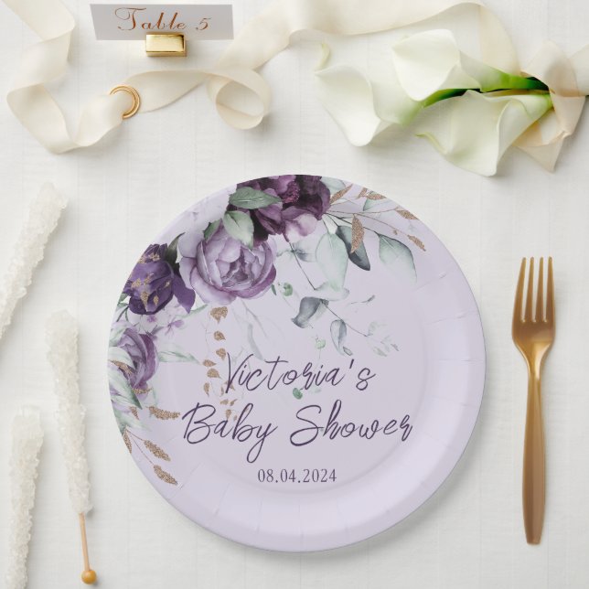 Purple Floral Lavender Elegant Baby Shower Paper Plate (Wedding)