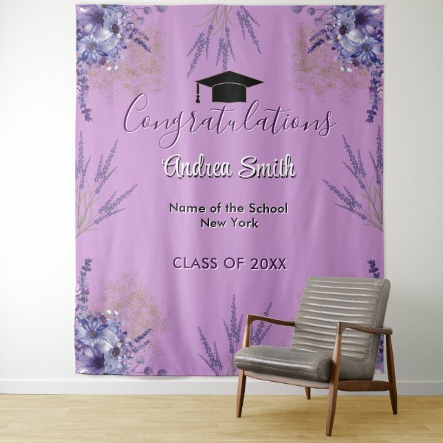 Purple Floral Lavender Girly Grad Photo Backdrop  Tapestry (In Situ)