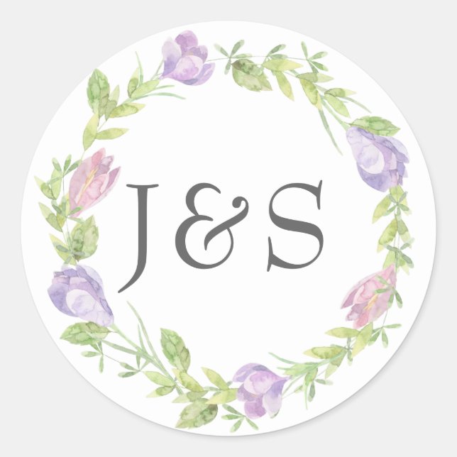 Purple floral leafy wedding personalised stickers (Front)