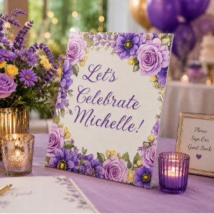 Purple Floral Let's Celebrate Name Birthday Pedestal Sign