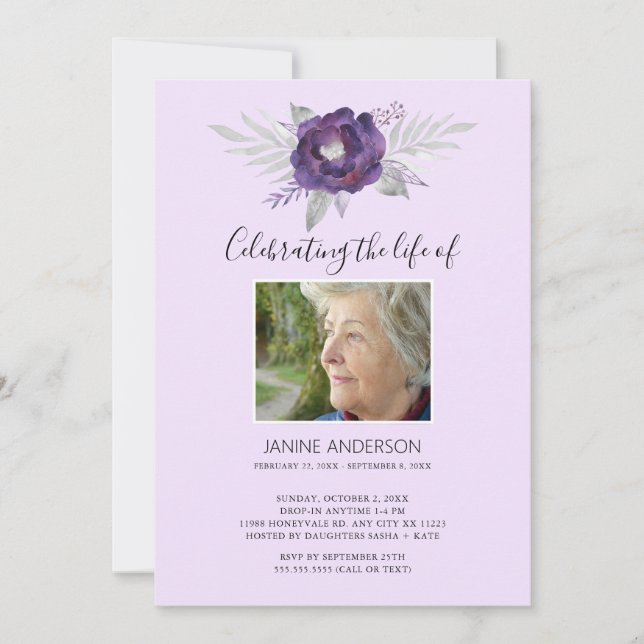 Purple Floral Life Celebration photo Invitation (Front)
