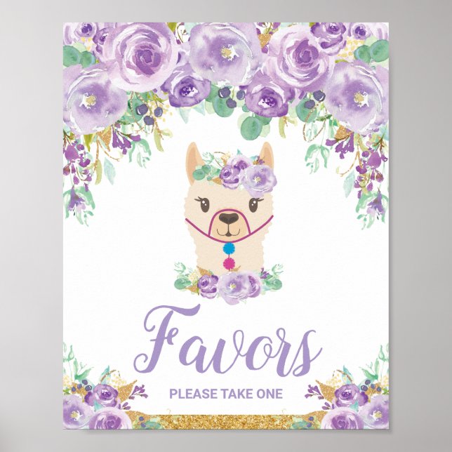 Purple Floral Llama Baby Shower Birthday Favours Poster (Front)