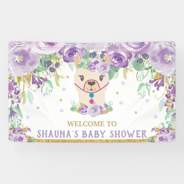 Purple Floral Llama Baby Shower Welcome Backdrop Banner (Horizontal)