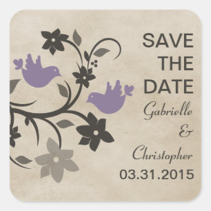 Purple Floral Lovebirds Save the Date Stickers