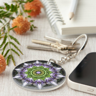 Purple Floral Mandala Kaleidoscope Art Key Ring