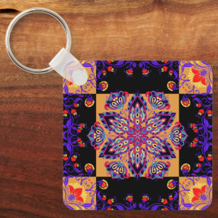 Purple Floral Mandala, Violet Nature Key Ring