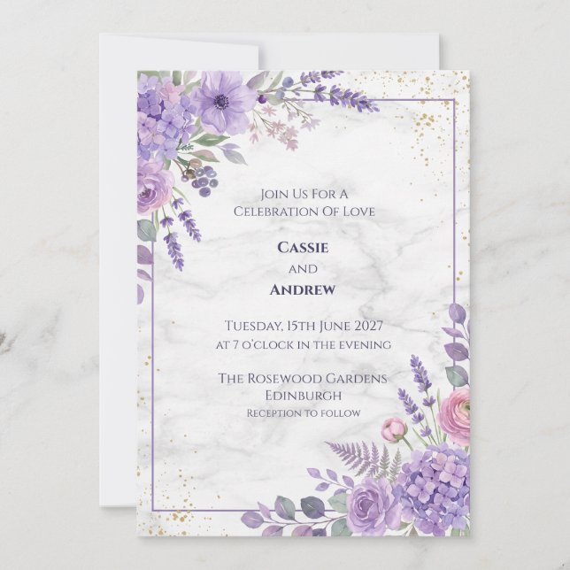 Purple Floral Marble Wedding Invitation (Front)