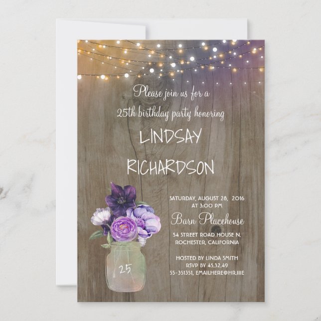 Purple Floral Mason Jar Rustic Barn Birthday Party Invitation (Front)