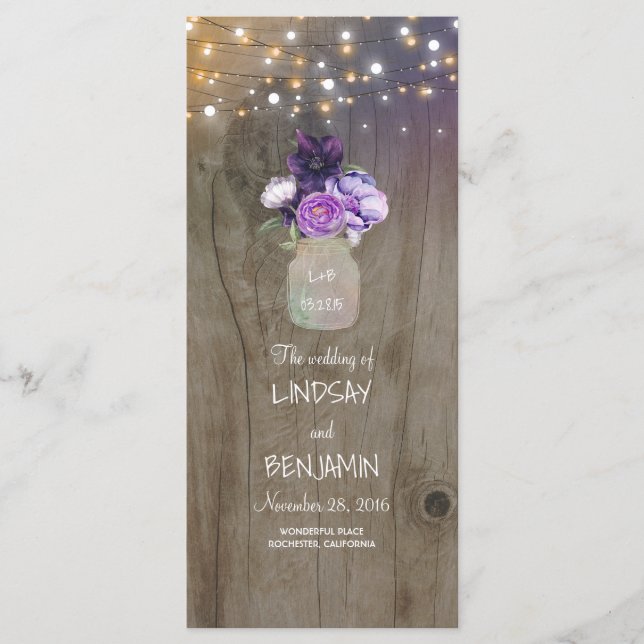 Purple Floral Mason Jar Rustic Wedding Programs Programme (Front)