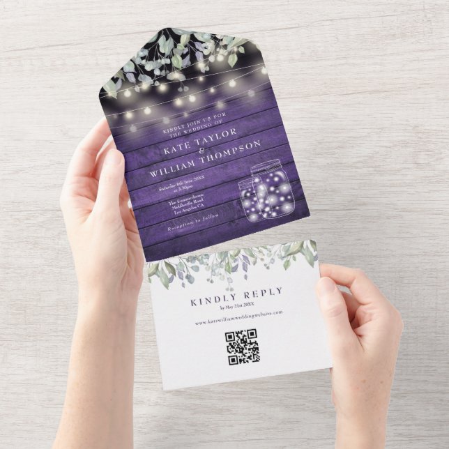 Purple Floral Mason Jars Lights QR Code Wedding All In One Invitation (Tearaway)