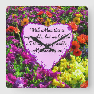 PURPLE FLORAL MATTHEW 19:26 PHOTO DESIGN SQUARE WALL CLOCK