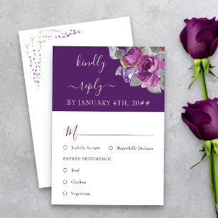 Purple Floral Meal Option Wedding RSVP Card