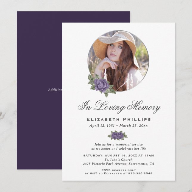 Purple Floral Memorial Service Funeral Photo Invitation (Front/Back)
