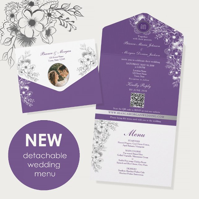Purple Floral Menu Photo Wedding All In One Invitation (Creator Uploaded)
