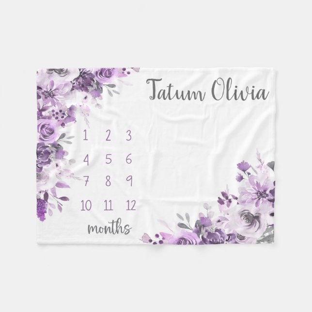 Purple Floral Milestone Blanket, Baby Girl Monthly Fleece Blanket (Front (Horizontal))