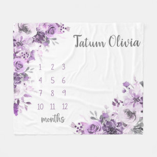 Purple Floral Milestone Blanket, Baby Girl Monthly Fleece Blanket
