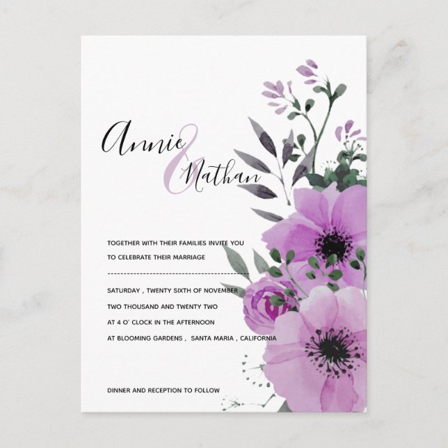 Purple Floral Minimalist Elegant Script Wedding Postcard (Front)
