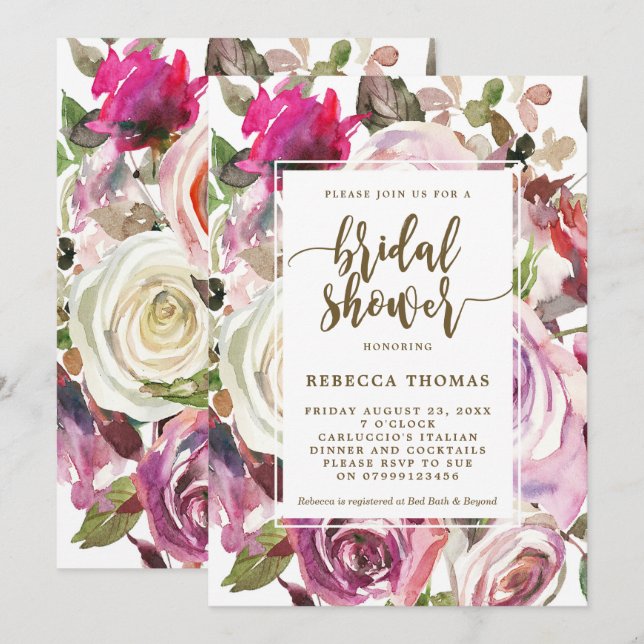 Purple floral modern bridal shower invitation (Front/Back)