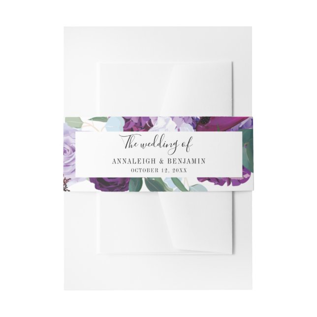 Purple Floral Modern Elegant Wedding Invitation Belly Band (Front Example)