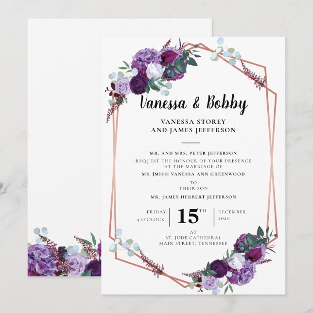 Purple Floral Modern Geometric Wedding Invitation (Front/Back)